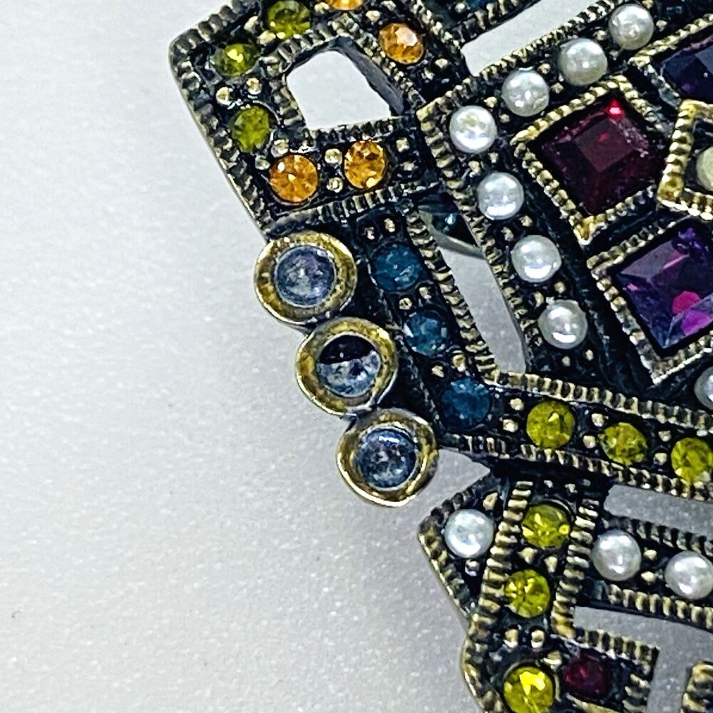 Heidi Daus Art Deco Style Colorful Rhinestone Faux Pearl Brooch Pendant Pin - Picture 6 of 12